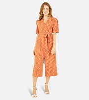Yumi Kim Yumi Orange Polka Dot Collared Wrap Crop Jumpsuit